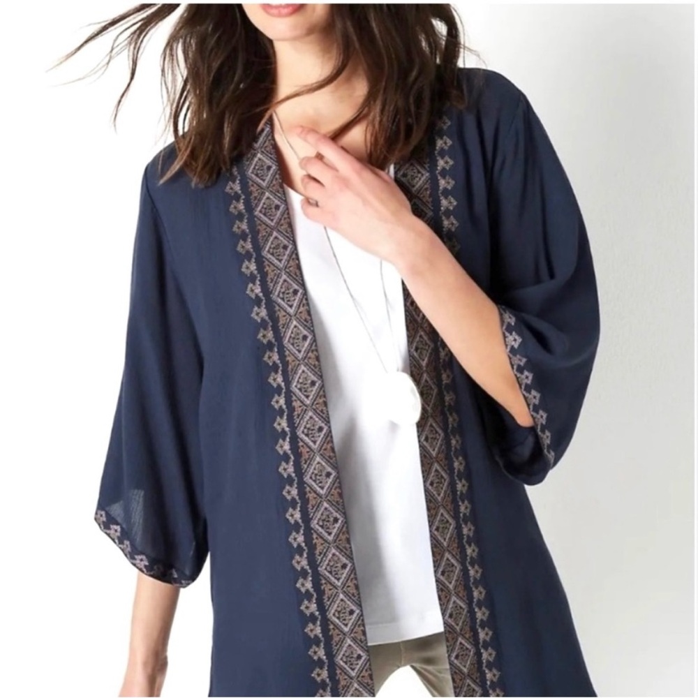 J. Jill Embroidered Open Front Cardigan Kimono Jacket